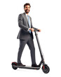 © rvlsoft - Businessman riding a standing electric scooter, isolated on a white background, free movement concept, realistic design illustration, generative ai