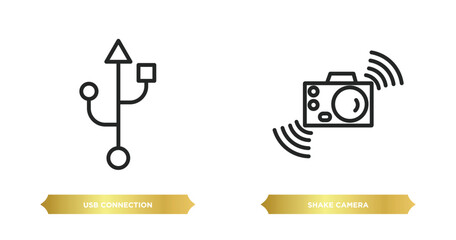 two editable outline icons from electronic stuff fill concept. thin line icons such as usb connection, shake camera vector.