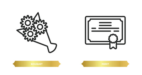 Sticker - two editable outline icons from education concept. thin line icons such as bouquet, merit vector.