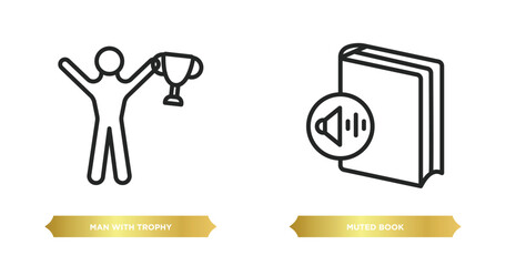Poster - two editable outline icons from education concept. thin line icons such as man with trophy, muted bo