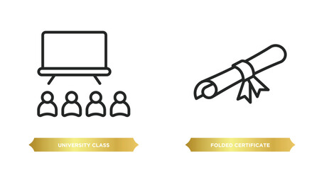 Poster - two editable outline icons from education concept. thin line icons such as university class, folded 