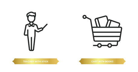 Poster - two editable outline icons from education concept. thin line icons such as teacher with stick, cart 