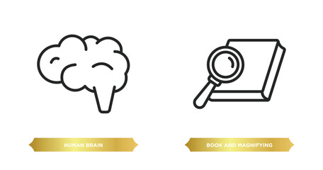 Poster - two editable outline icons from education concept. thin line icons such as human brain, book and mag