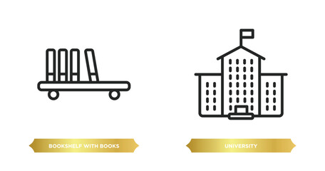 Poster - two editable outline icons from education concept. thin line icons such as bookshelf with books, uni
