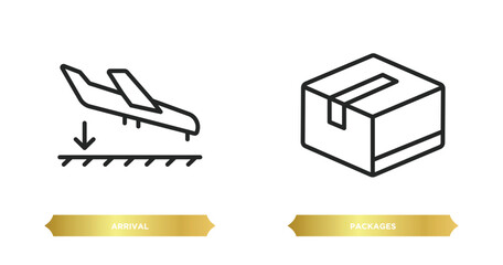 Poster - two editable outline icons from delivery and logistic concept. thin line icons such as arrival, pack