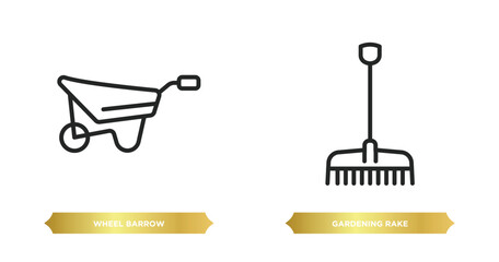 Poster - two editable outline icons from construction tools concept. thin line icons such as wheel barrow, gardening rake vector.
