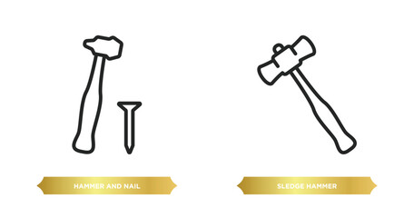Poster - two editable outline icons from construction tools concept. thin line icons such as hammer and nail, sledge hammer vector.