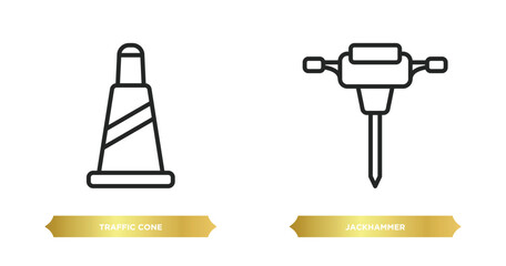 Poster - two editable outline icons from construction tools concept. thin line icons such as traffic cone, jackhammer vector.