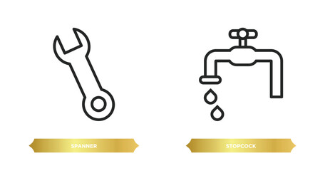 Poster - two editable outline icons from construction concept. thin line icons such as spanner, stopcock vect