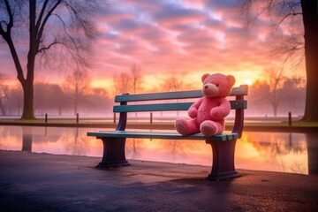 Canvas Print - teddy bear on an empty park bench at sunrise