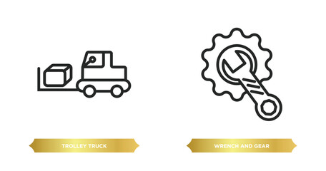 two editable outline icons from construction concept. thin line icons such as trolley truck, wrench and gear vector.