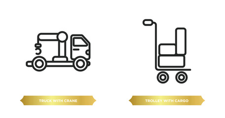 Poster - two editable outline icons from construction concept. thin line icons such as truck with crane, trolley with cargo vector.