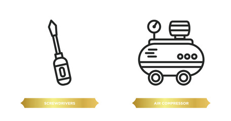 Poster - two editable outline icons from construction concept. thin line icons such as screwdrivers, air comp