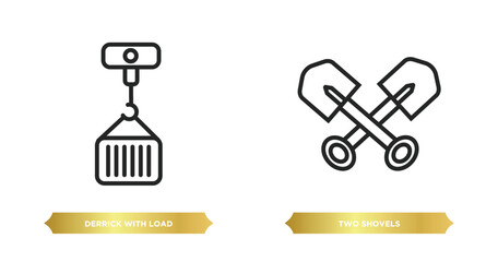 Poster - two editable outline icons from construction concept. thin line icons such as derrick with load, two shovels vector.
