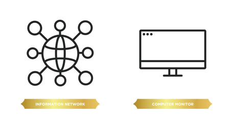 Poster - two editable outline icons from computer concept. thin line icons such as information network, compu