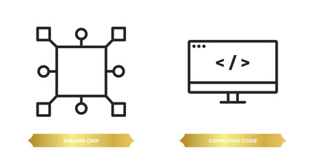 Poster - two editable outline icons from computer concept. thin line icons such as square chip, computing cod