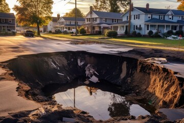 Poster - sinkhole aftermath in a residential neighborhood