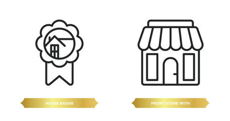Poster - two editable outline icons from commerce concept. thin line icons such as house badge, front store with awning vector.