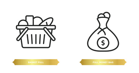 Poster - two editable outline icons from commerce concept. thin line icons such as basket full, full money bag vector.