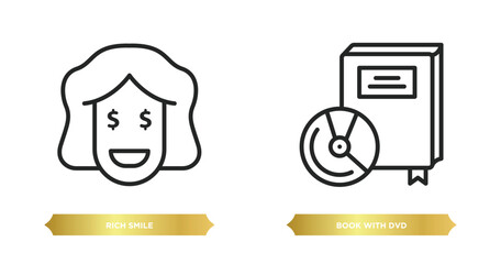 Poster - two editable outline icons from commerce concept. thin line icons such as rich smile, book with dvd 