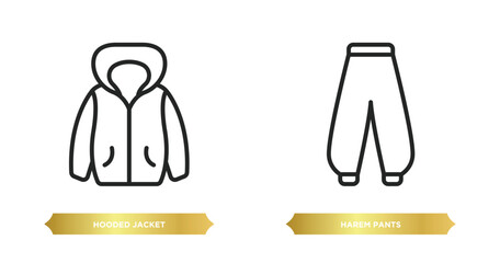 Poster - two editable outline icons from clothes concept. thin line icons such as hooded jacket, harem pants 