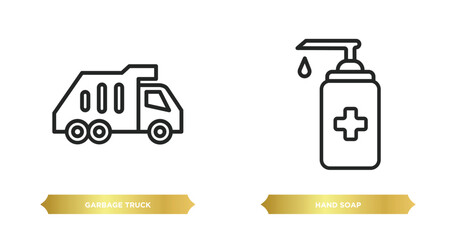 Poster - two editable outline icons from cleaning concept. thin line icons such as garbage truck, hand soap vector.