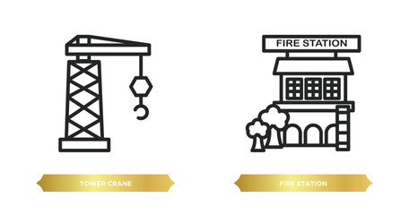 Poster - two editable outline icons from city elements concept. thin line icons such as tower crane, fire station vector.