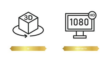 Poster - two editable outline icons from cinema concept. thin line icons such as 3d, 1080p hd tv vector.