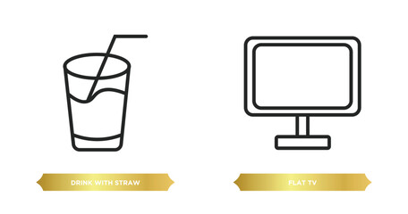 Poster - two editable outline icons from cinema concept. thin line icons such as drink with straw, flat tv ve