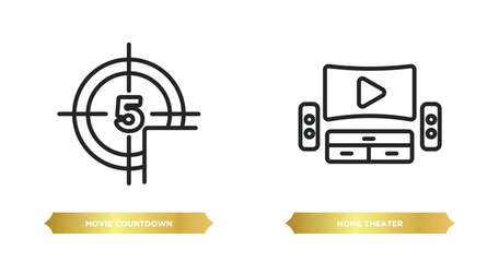 Poster - two editable outline icons from cinema concept. thin line icons such as movie countdown, home theate