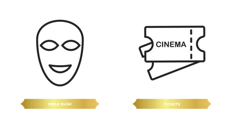 Poster - two editable outline icons from cinema concept. thin line icons such as smile mask, tickets vector.