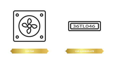 Poster - two editable outline icons from car parts concept. thin line icons such as car fan, car numberplate vector.