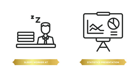 Poster - two editable outline icons from business concept. thin line icons such as sleepy worker at work, sta