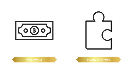 Poster - two editable outline icons from business concept. thin line icons such as dollar bills, puzzle game piece vector.