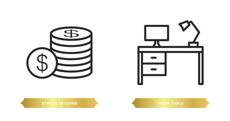 Poster - two editable outline icons from business concept. thin line icons such as stacks of coins, work tabl