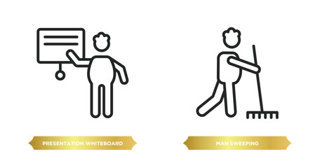 Poster - two editable outline icons from behavior concept. thin line icons such as presentation whiteboard, man sweeping vector.