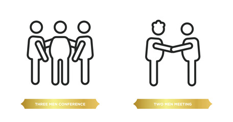 Poster - two editable outline icons from behavior concept. thin line icons such as three men conference, two men meeting vector.