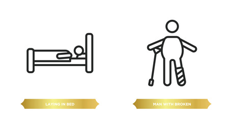 Poster - two editable outline icons from behavior concept. thin line icons such as laying in bed, man with broken leg vector.