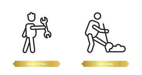 Poster - two editable outline icons from behavior concept. thin line icons such as man with tool, man digging