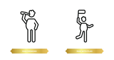 Poster - two editable outline icons from behavior concept. thin line icons such as man drinking, man with fla