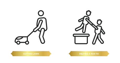 Wall Mural - two editable outline icons from behavior concept. thin line icons such as cutting lawn, helping a man to climb vector.