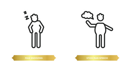 Poster - two editable outline icons from behavior concept. thin line icons such as man snoozing, stick man sp