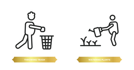 Wall Mural - two editable outline icons from behavior concept. thin line icons such as throwing trash, watering plants vector.