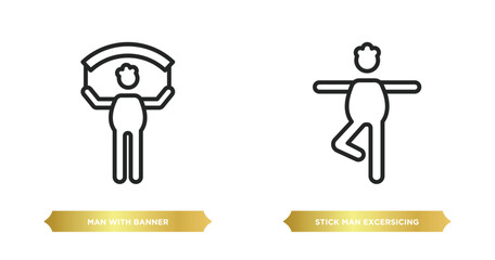 Poster - two editable outline icons from behavior concept. thin line icons such as man with banner, stick man excersicing vector.