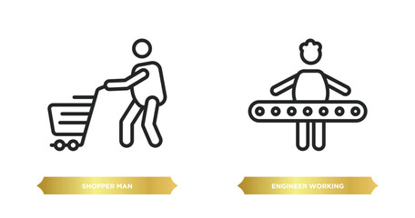 Poster - two editable outline icons from behavior concept. thin line icons such as shopper man, engineer working vector.