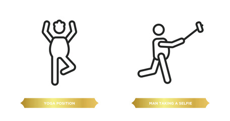 Poster - two editable outline icons from behavior concept. thin line icons such as yoga position, man taking a selfie vector.