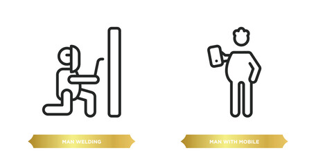 Poster - two editable outline icons from behavior concept. thin line icons such as man welding, man with mobi