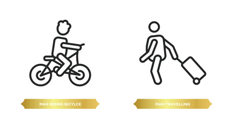 Sticker - two editable outline icons from behavior concept. thin line icons such as man riding bicylce, man travelling vector.