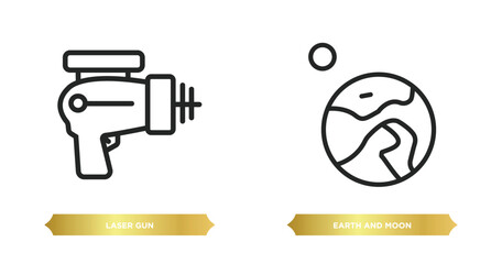 Poster - two editable outline icons from astronomy concept. thin line icons such as laser gun, earth and moon vector.