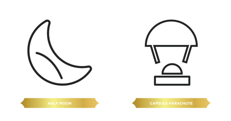 Poster - two editable outline icons from astronomy concept. thin line icons such as half moon, capsule parachute vector.